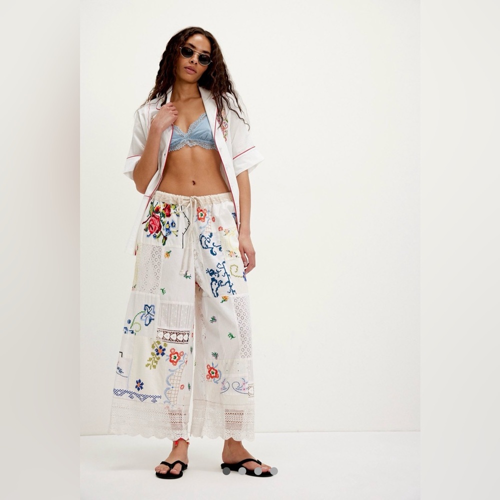 Free People Wallflower Pull On Pants Rope Tie Lace Embroidery Floral IvoryCombo